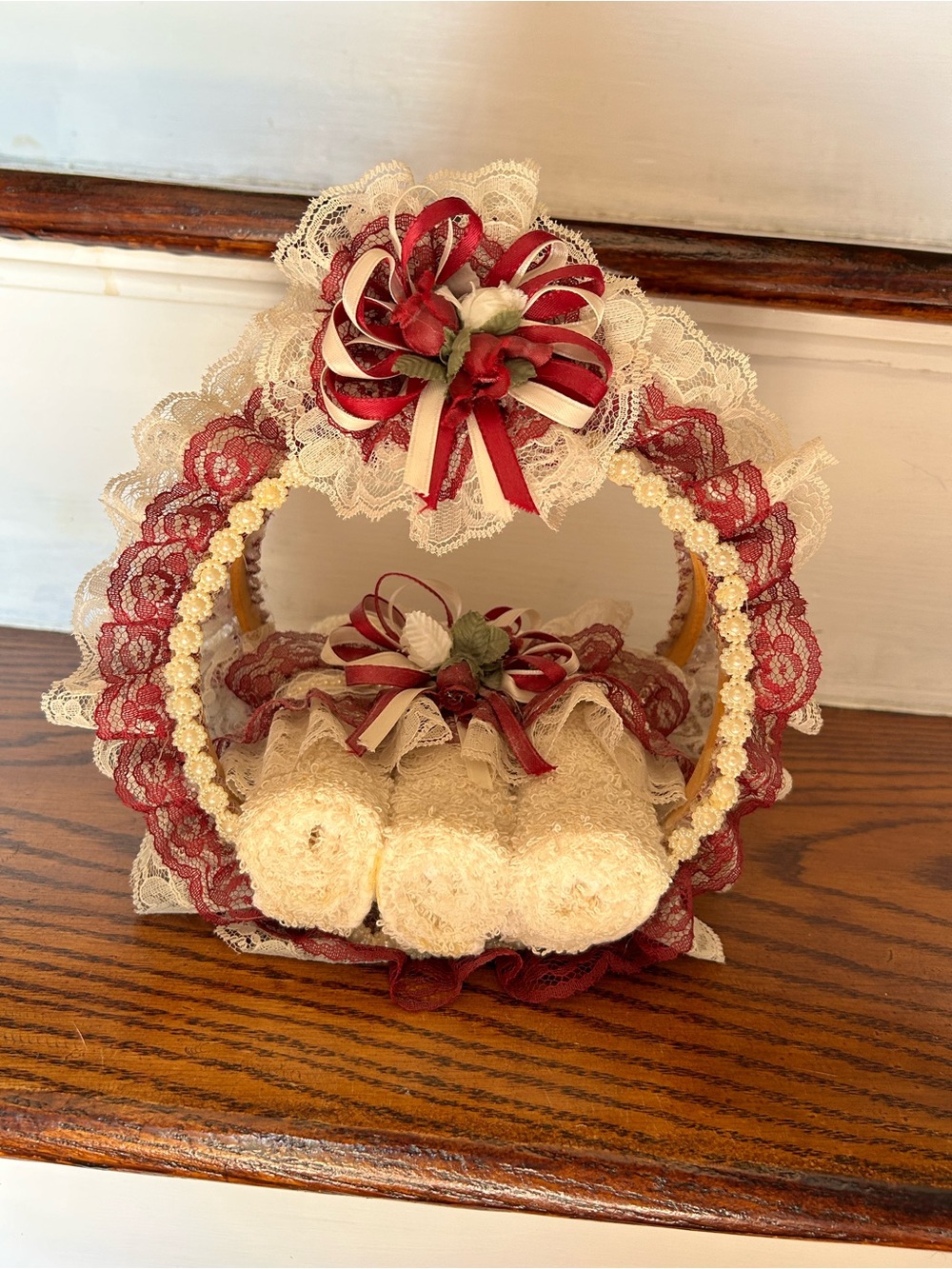 Cottage Core Lace Ribbon Decorative Basket with Rolled Towels - Cream & Burgundy